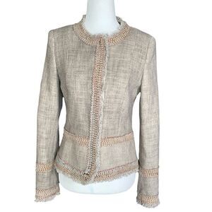 Maison Common Jacket Cropped Tweed Collarless Blazer Lady Jacket Fringe Metallic